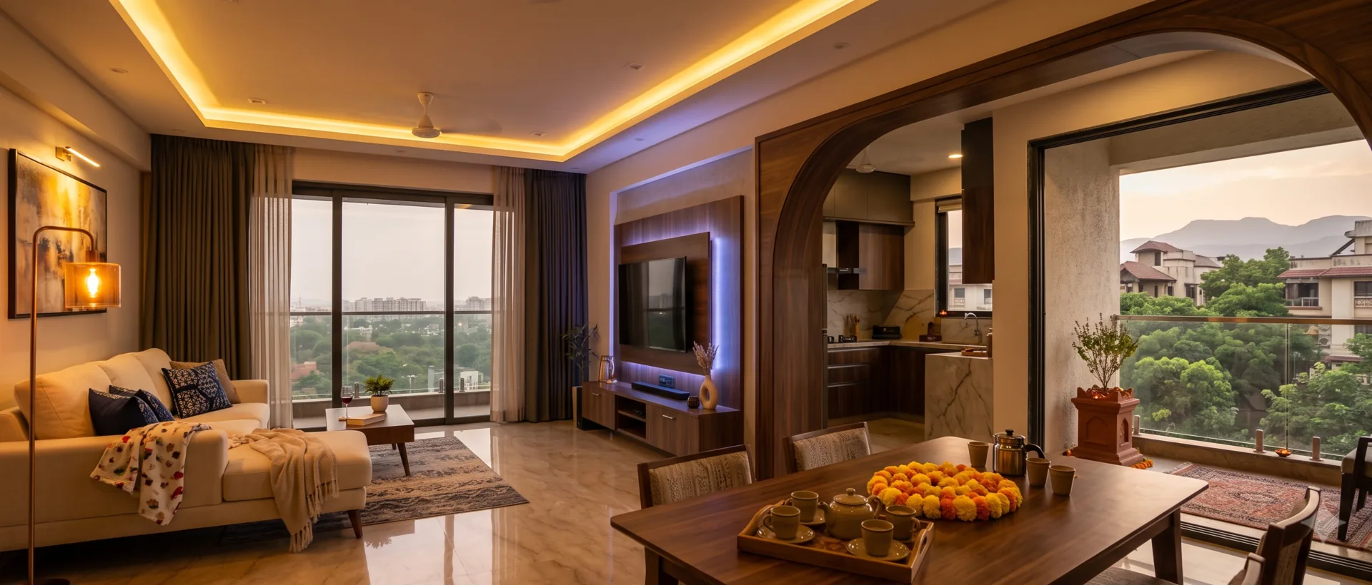 A beautifully finished modern Pune apartment — open-plan family home at warm evening with Sahyadri hills view