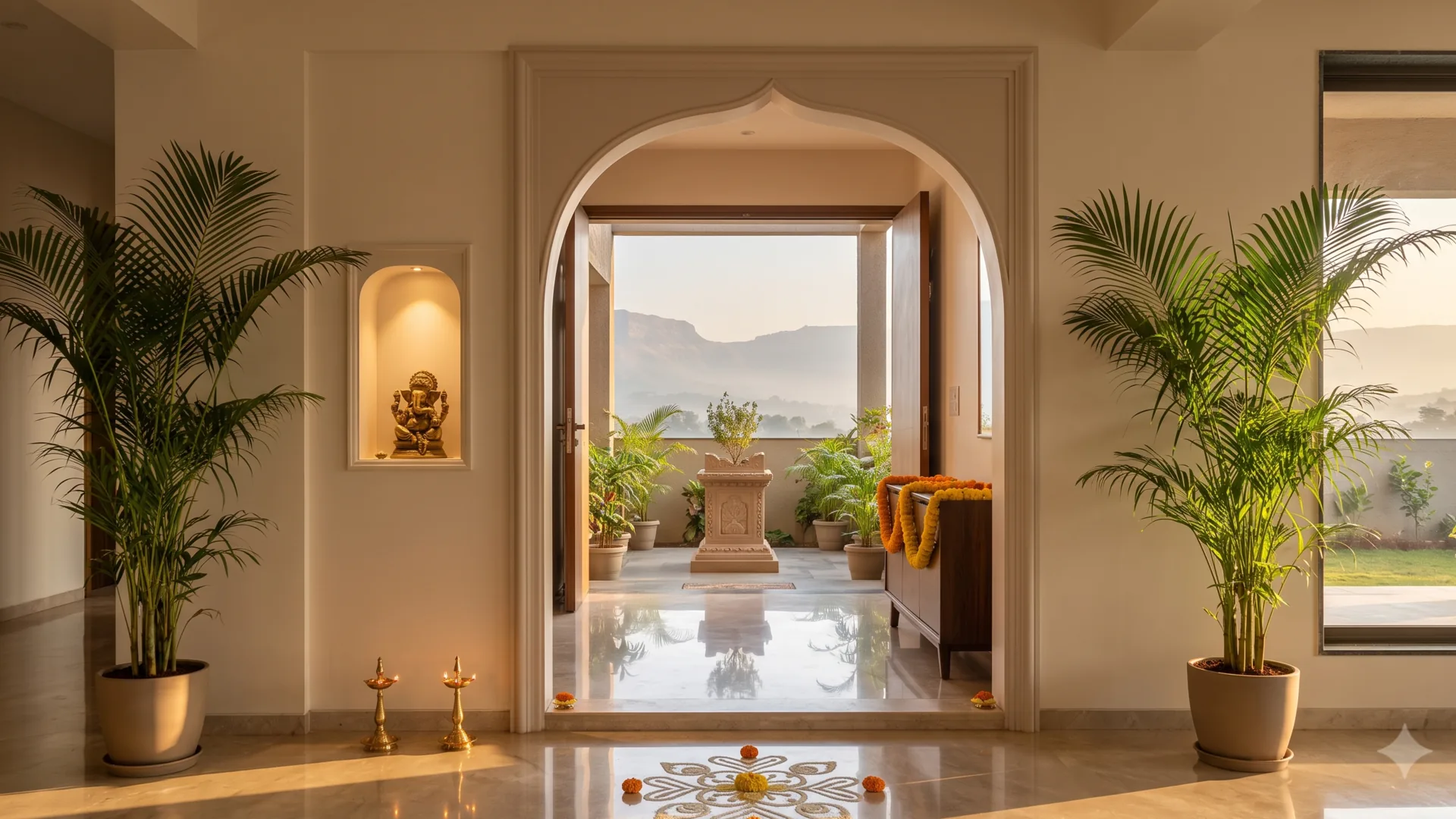 Vastu-aligned home entrance with brass Ganesh niche and Sahyadri view at sunrise