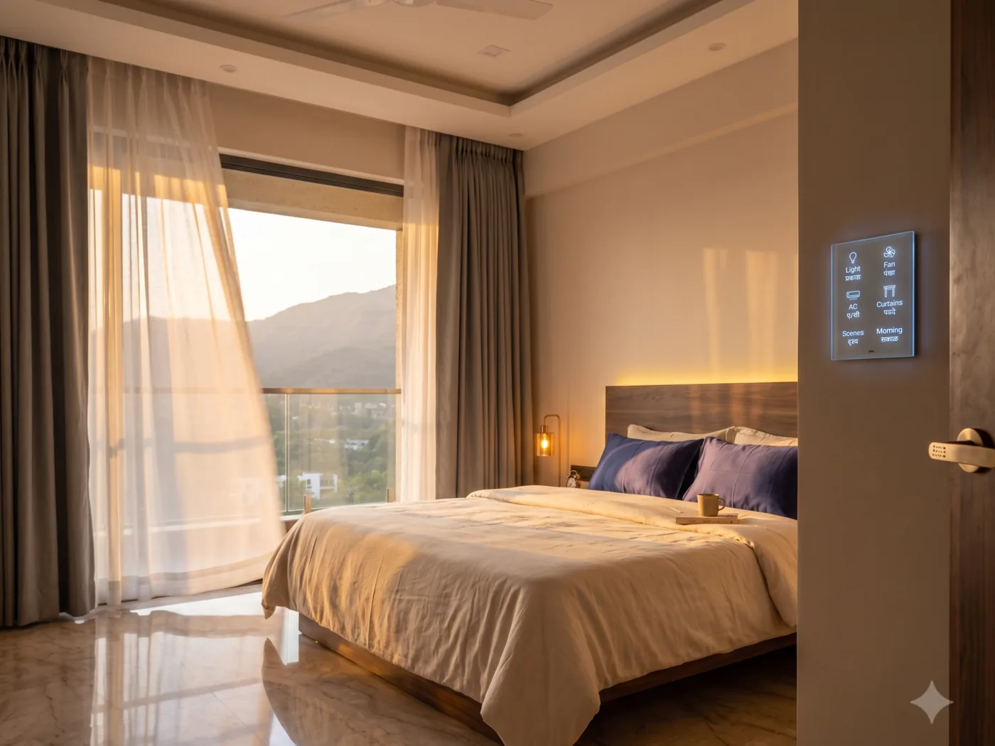 Motorised curtains opening at sunrise with smart control panel visible in a Pune bedroom