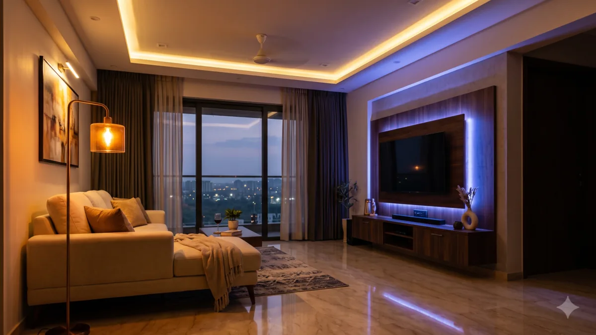 Warm cove LED and indigo TV backlight in a Pune living room at dusk