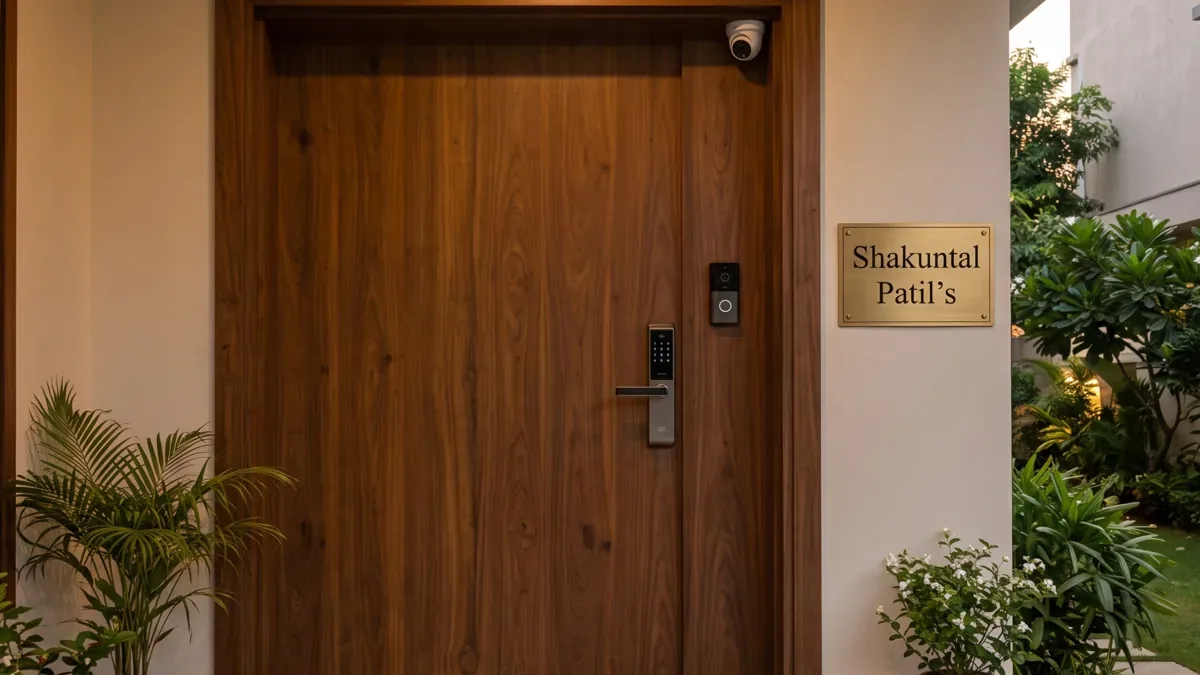Walnut smart-security villa entrance with fingerprint lock and CCTV