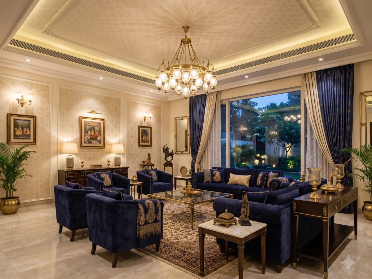 Grape County resort lounge in Nashik with designer false ceiling and brass jhumar chandelier