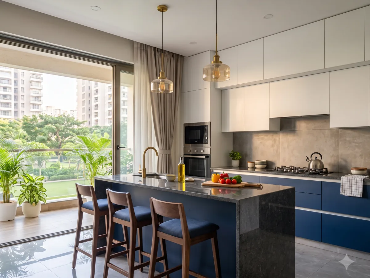 Modern navy modular kitchen with brass pendants in a Pune apartment